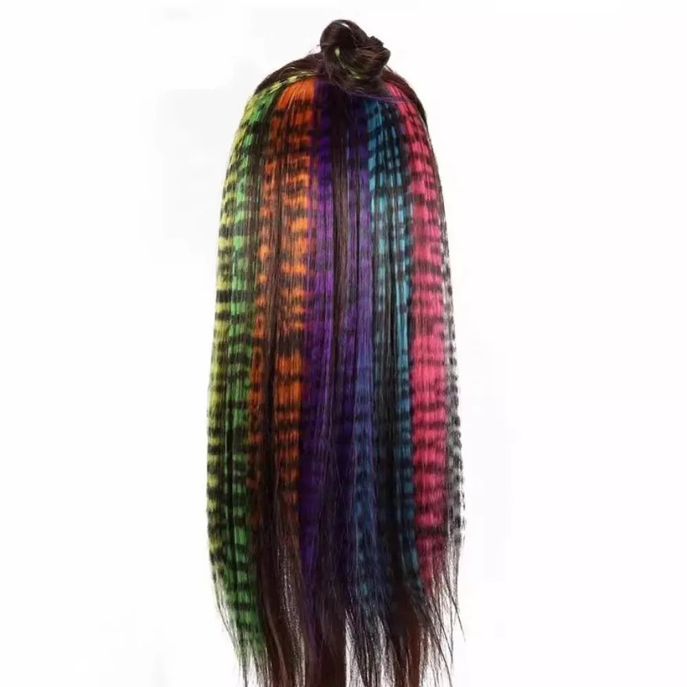 Stripe Printed Clip-in Hair Extensions Colorful Synthetic Hair Highlights 18 Inches Straight Wig Hairpieces for Daily Use Party