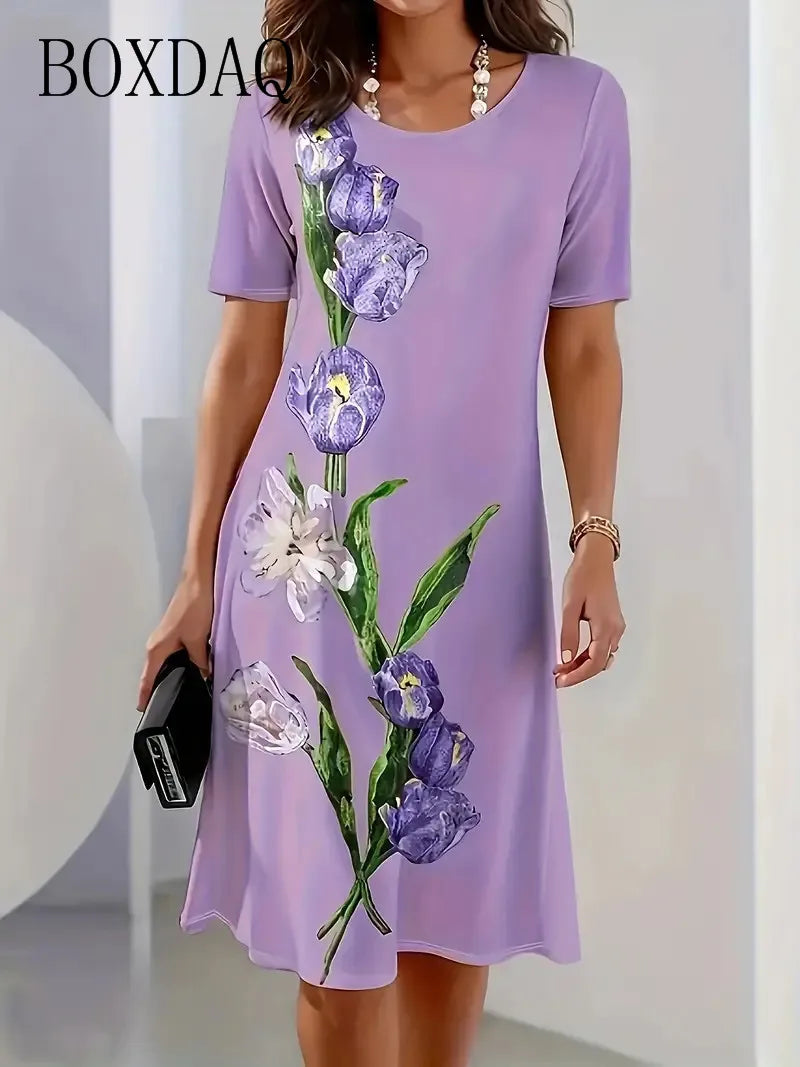 Fashion Elegant Women Dress Plus Size 8XL 9XL Short Sleeve O-Neck Casual Vacation Party Dress Big Size Floral Print A-Line Dress