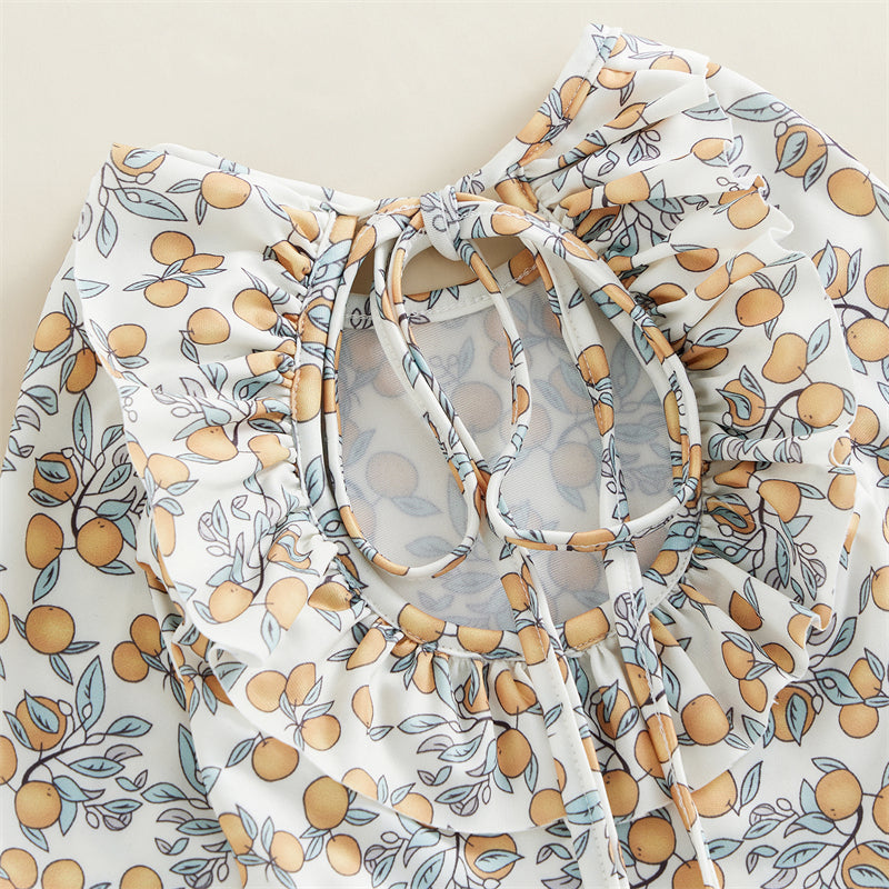 Kids Baby Girl Summer Swimwear Floral Print Backless Ruffles Long Sleeve Bodysuit Bathing Suit Girls Beachwear 0-4 Years