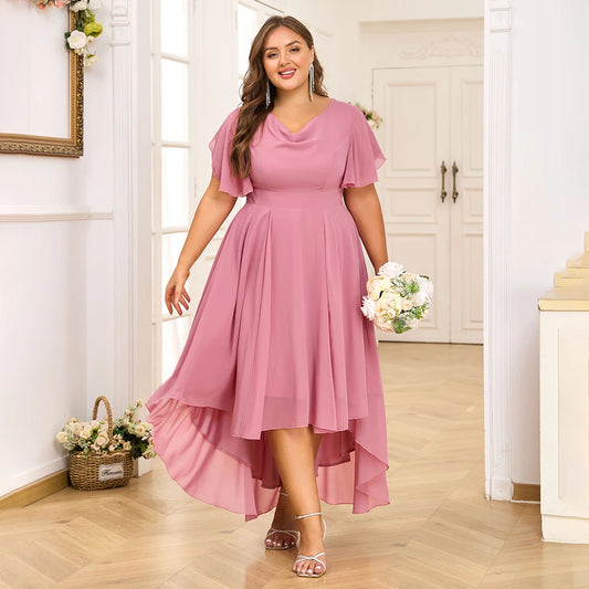 Plus size feminino chiffon com decote em v balanço a linha midi vestido ladie manga borboleta festa cocktail noite vestido de baile