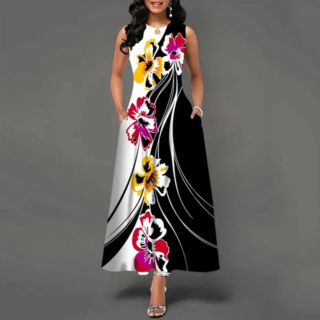 Women's V-neck Sleeveless Long Dress Retro Bohemian Dresses Floral Print Swing Casual New 