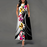 Women's V-neck Sleeveless Long Dress Retro Bohemian Dresses Floral Print Swing Casual New 