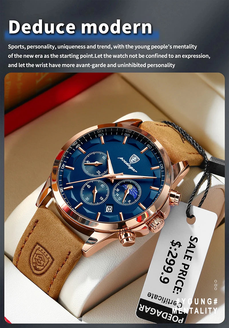 POEDAGAR Genuine Leather Men's Watch Fashion Luminous Calendar Stopwatch Male Clock Waterproof Moon Phase Quartz Wristwatch Man