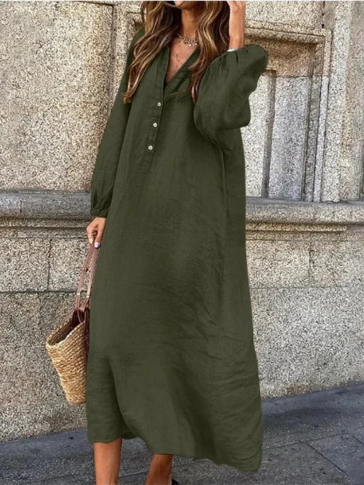 Vestido de algodão e cânhamo feminino, robe de manga comprida, decote em v, meio aberto, monocromático, casual, elegante, tamanhos grandes, moda verão, 2022