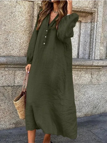 Vestido de algodão e cânhamo feminino, robe de manga comprida, decote em v, meio aberto, monocromático, casual, elegante, tamanhos grandes, moda verão, 2022