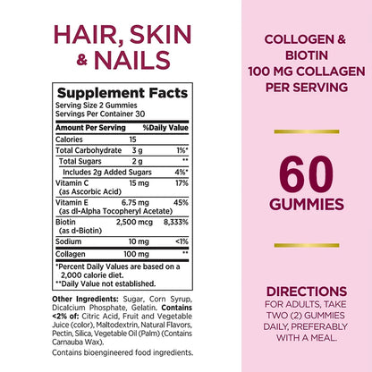 Hair, Skin & Nails Gummy Vitamins - Contains Biotin, Collagen - Promotes Hair Growth, Nourishes Skin, Strengthens NailsSupplemen