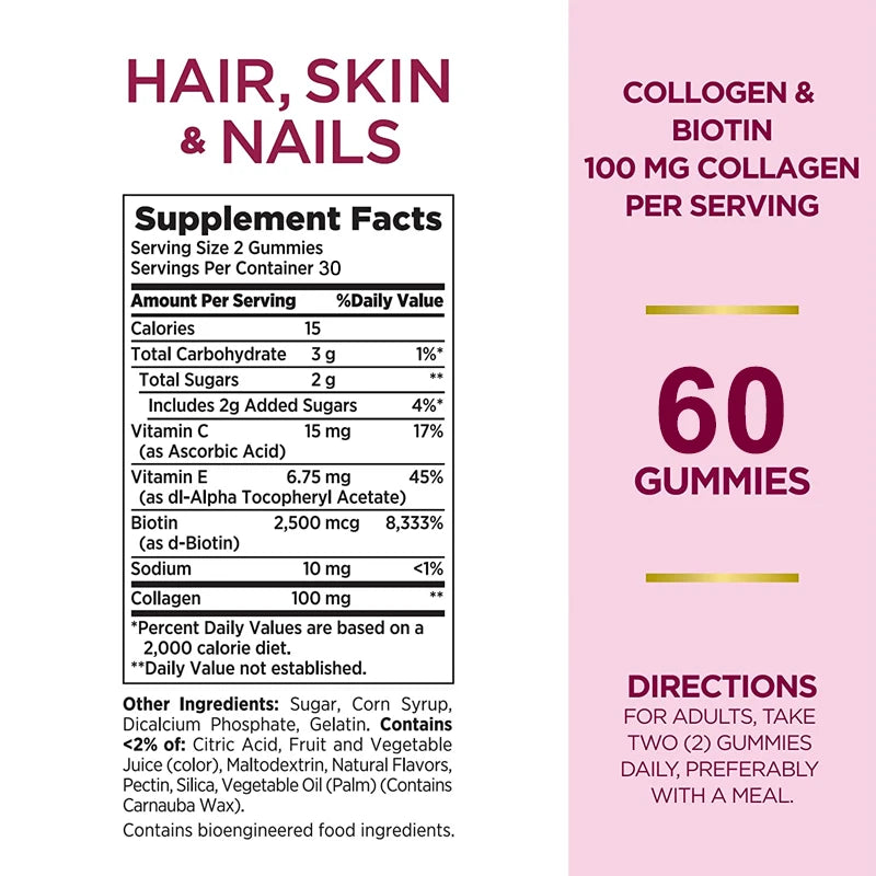 Hair, Skin & Nails Gummy Vitamins - Contains Biotin, Collagen - Promotes Hair Growth, Nourishes Skin, Strengthens NailsSupplemen