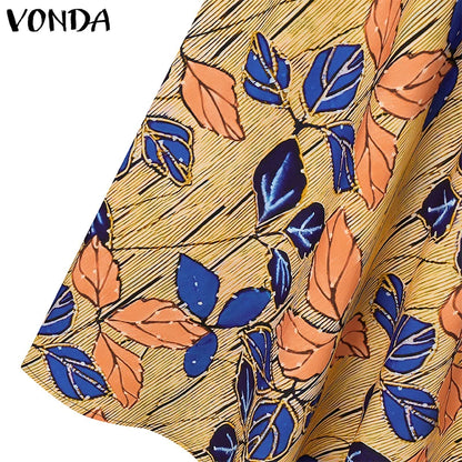 Plus Size VONDA Women Bohemian Maxi Dresses 2024 Casual Floral Printed Sundress Lace Patchwork Round Neck Elegant Robe Vestido