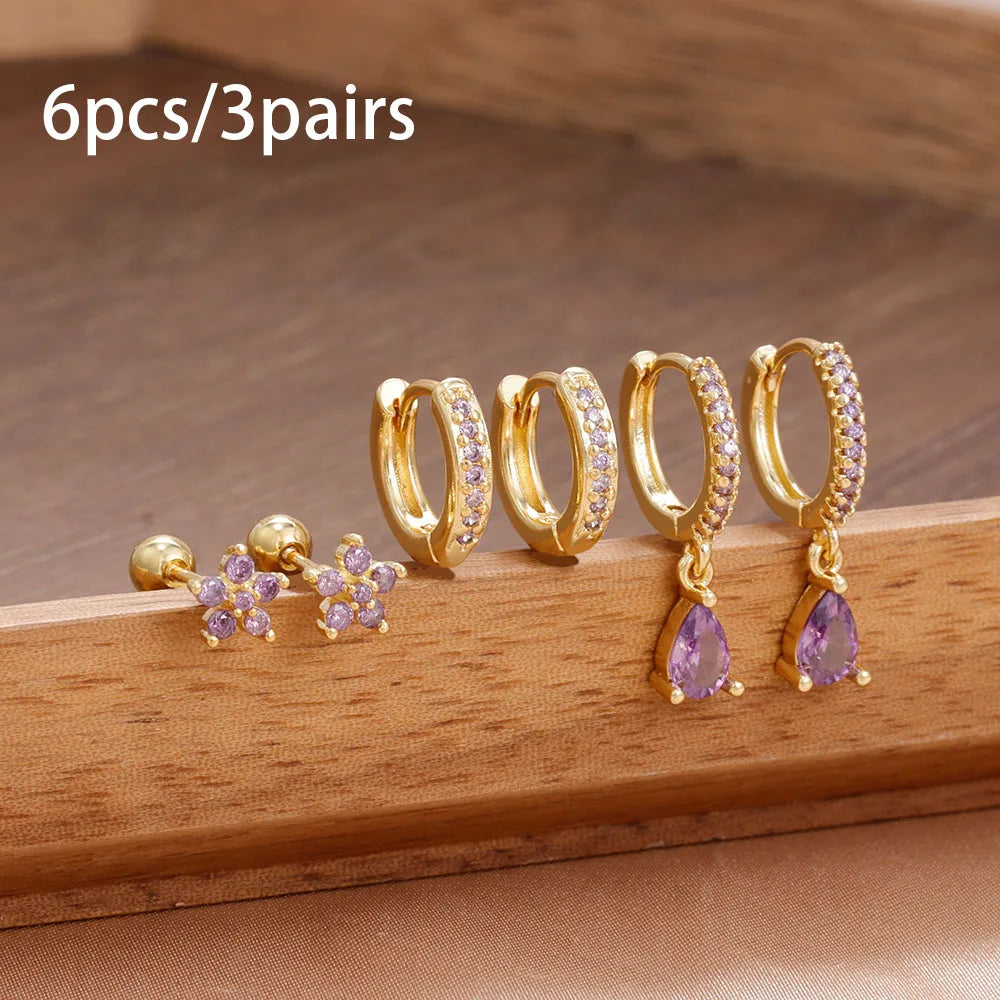 6PCS Cubic Zirconia Stainless Steel 14K Gold Plated Water Drop Earrings Five-Petaled Flowers ear stud For Women Set Jewelry Gift