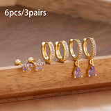 6PCS Cubic Zirconia Stainless Steel 14K Gold Plated Water Drop Earrings Five-Petaled Flowers ear stud For Women Set Jewelry Gift