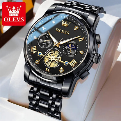 OLEVS 2856 New Men's Watches Luxury Classic Flywheel Design Waterproof Chronograph Moon Phase 24 Hour Quartz Wrist Watch for Men