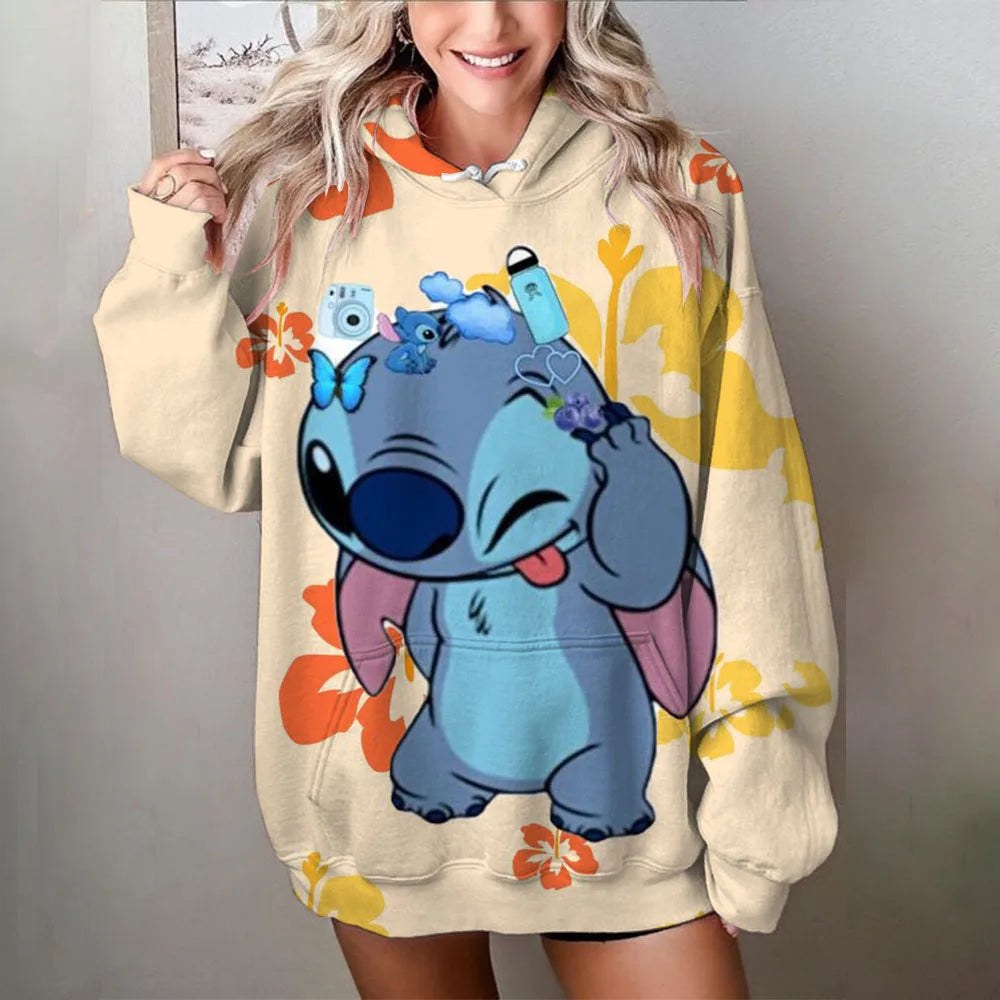 Disney stitch impressão dos desenhos animados camisola com capuz jaqueta roupas com capuz design oversize sentimento solto e confortável