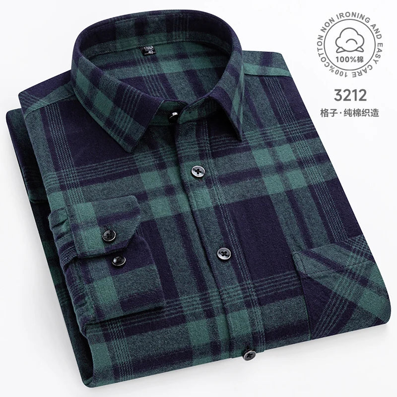 Men Fashion Long Sleeve Brushed Flannel Shirt Single Pocket Comfortable 100% Cotton Casual Slim Fit Button-down Plaid Shirts 8XL