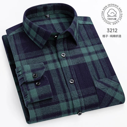 Men Fashion Long Sleeve Brushed Flannel Shirt Single Pocket Comfortable 100% Cotton Casual Slim Fit Button-down Plaid Shirts 8XL