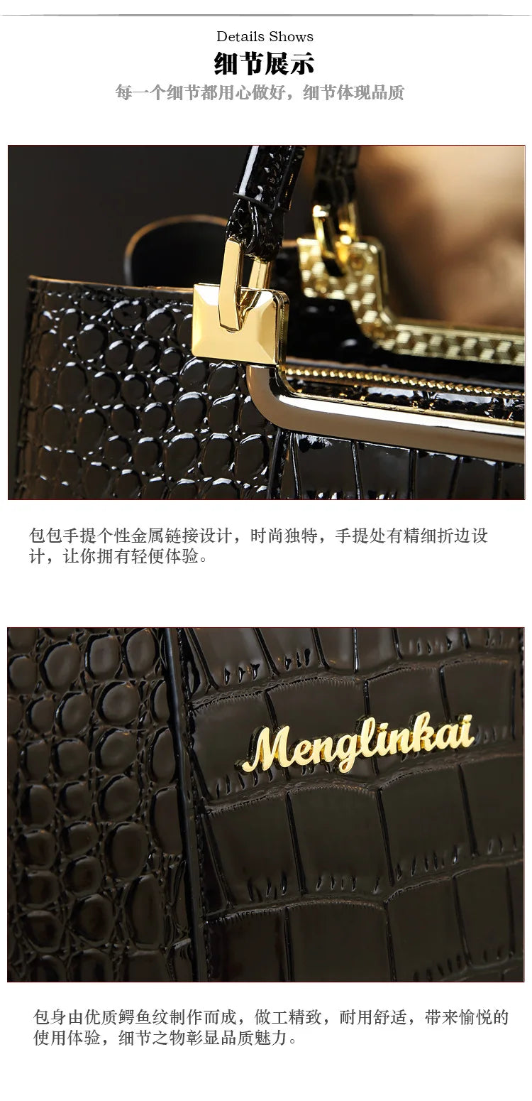 2023 New Luxury Crocodile Bag for Women Casual Tote High Qualtiy Patent Leather Shoulder Purses Elegant Dinner Noble Purse Black