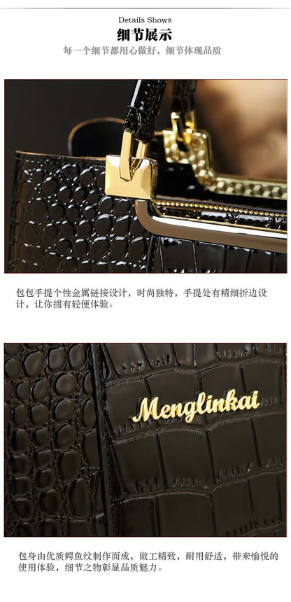 2023 New Luxury Crocodile Bag for Women Casual Tote High Qualtiy Patent Leather Shoulder Purses Elegant Dinner Noble Purse Black