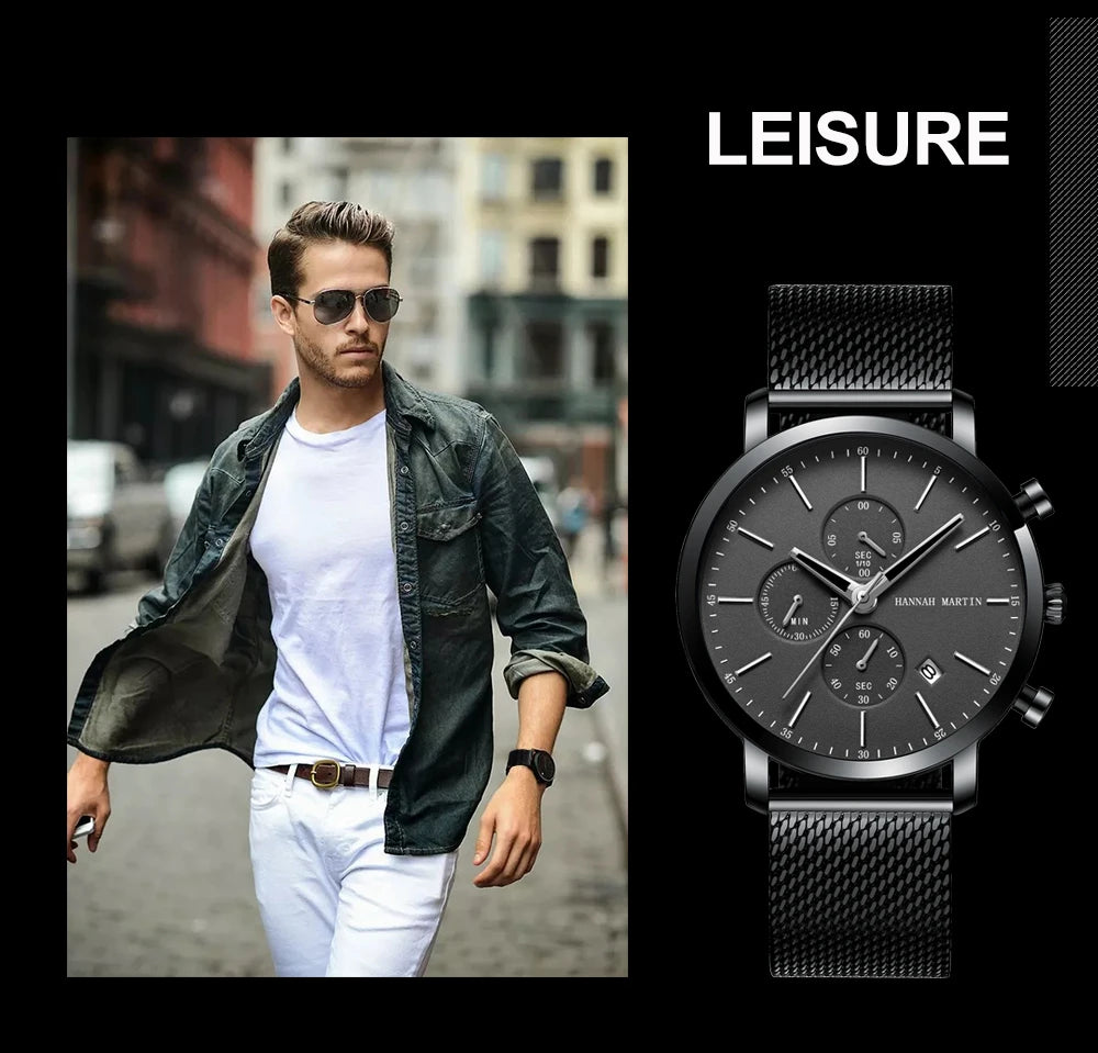 HANNAH MARTIN Brand Men Watch Black Stainless Steel Waterproof Fashion Sports Multifunctional Quartz Wristatch Relogio Masculino