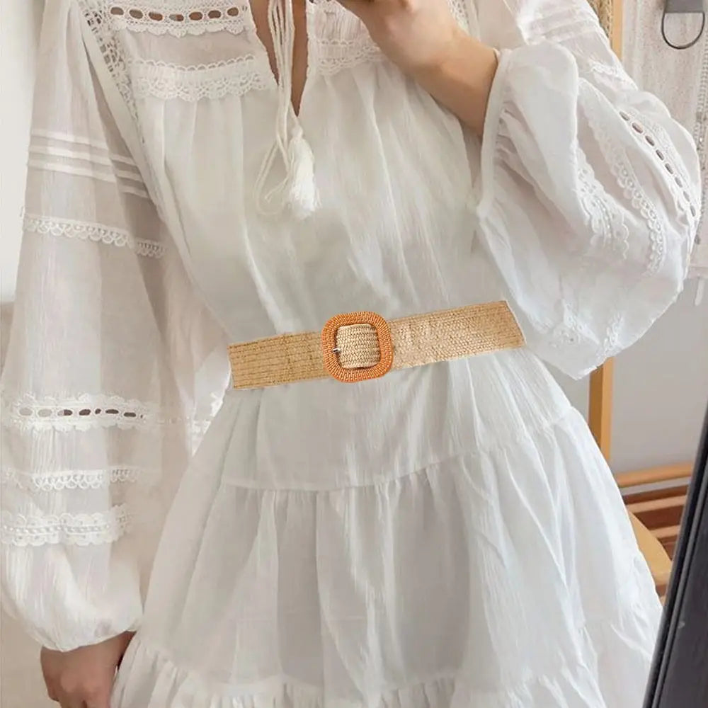 Bohemian Braided Belts for Women Summer Patchwork Straw Woven Belt Wide Waistband Fashion Female Square Buckle Waist Belt