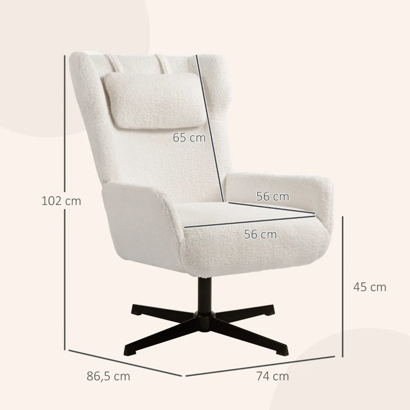 Accent chair, upholstered armchair with fleece cover, swivel base, metal frame, cream white