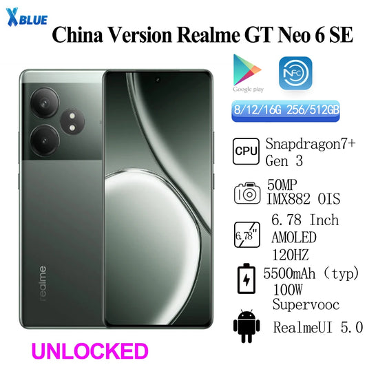 Realme GT Neo 6 SE original desbloqueado, SIM, bloqueo de región de red, 6,78 pulgadas, 120 Hz, Snapdragon 7+ Gen3, 50 MP OIS, 100 W, Supervooc, 5500 mAh
