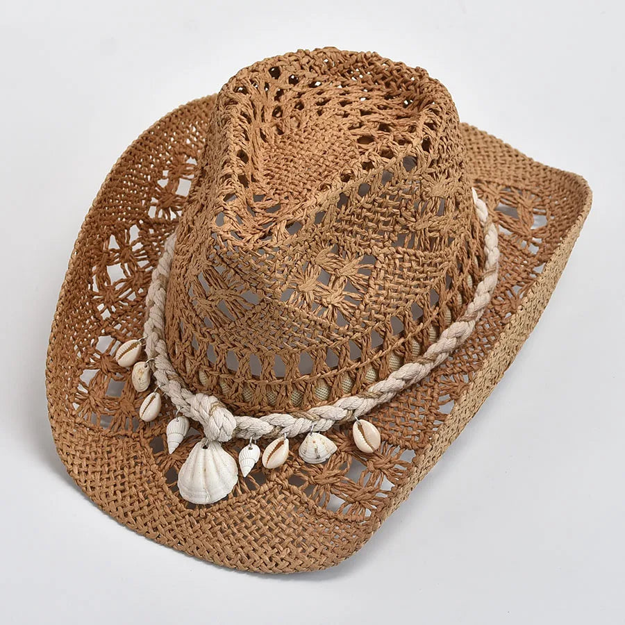 Summer Hand-Woven Straw Hat for Women Shell Decoration Holiday Beach Sun Hat Panama Hat for Women