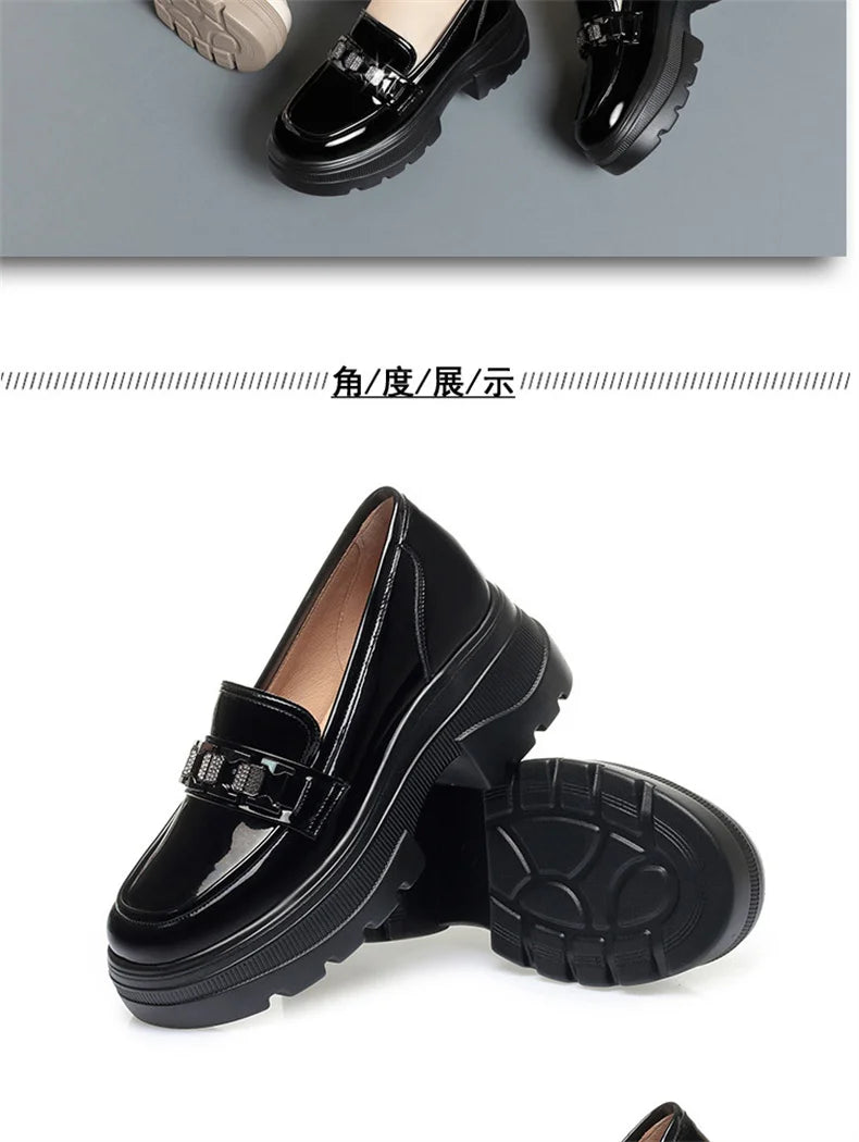 5.5cm British Style Thick Bottom Patent Leather Loafers Women's Platform Shoes 2024 Spring Shallow Block Heels Shoes Office