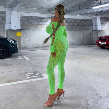 OSEN-Winter Sexy Thick Women one Piece Outfit Chic Hollow Rhinestones Slash Neck Patchwork Leggings Stretch Matching Clubwear