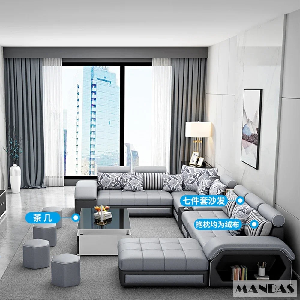 Linlamim Fabric Sofa Set Furniture Living Room Sofa Set with USB and Stools / Big U Shape Cloth Couch Sofas for Home Furniture