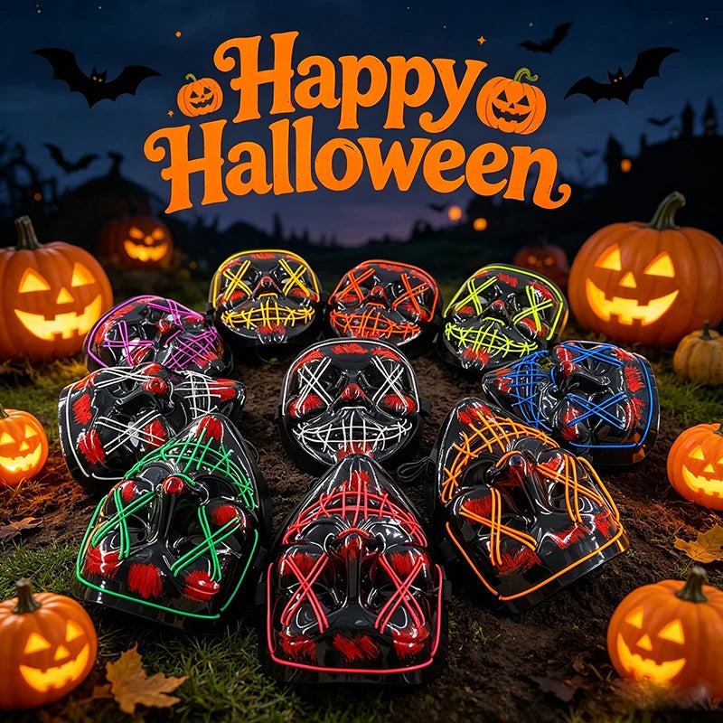 Artigos para Festa de Halloween 2026: Máscara LED Luminosa Estilo "Uma Noite de Crime" (Purge) com Luz Neon EL Sem Fio – Máscara de Rosto Inteiro para Cosplay Adulto (Brilha no Escuro)
