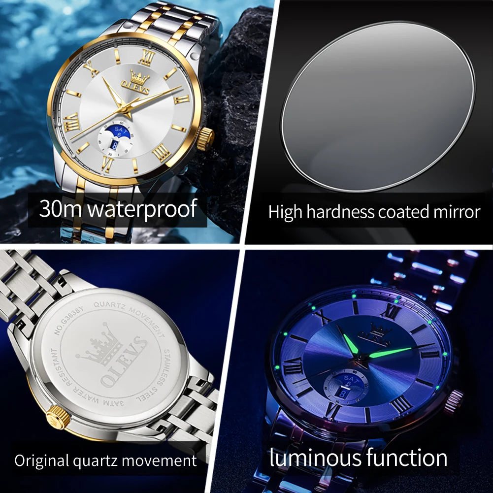 OLEVS 3638 Mens Watch Original Quartz Watch Stainless Steel Waterproof Luminous Large Dial Day Date Watches Luxury Men Box Reloj