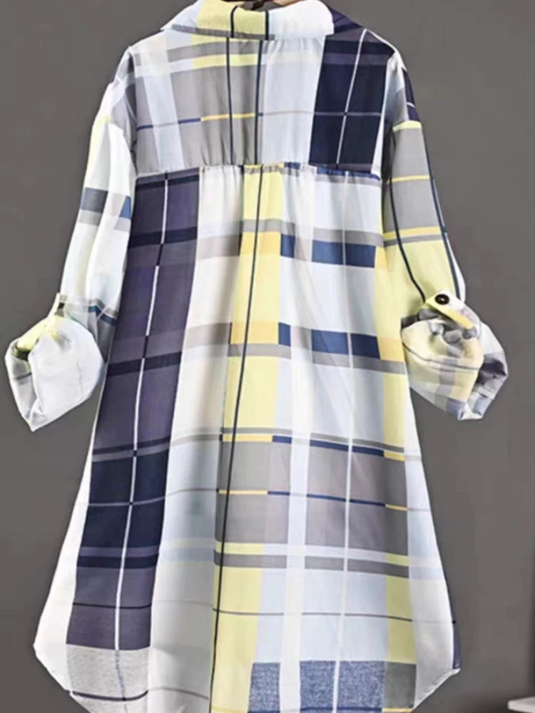 Blusas de algodón a cuadros de longitud media para otoño, informales, nuevas, con botones sueltos, para mujer, moda coreana, camisa elegante de manga larga para invierno