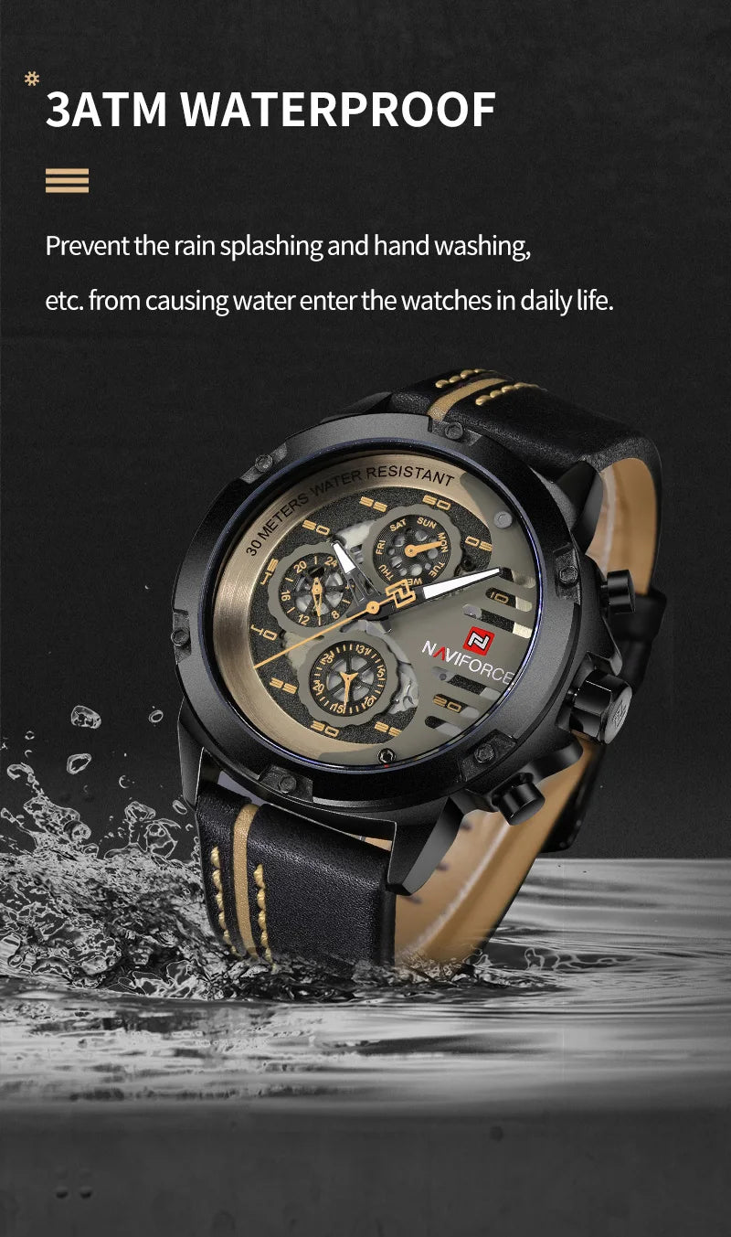 NAVIFORCE Men's Watch Top Brand Luxury Waterproof 24-Hour Date Quartz Watch Men Leather Sport Wristwatch Men Waterproof Clock