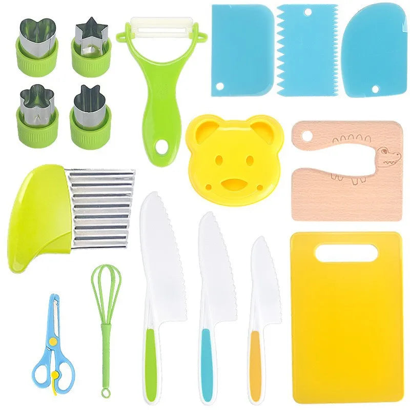Juego de cortadores de cocina de plástico para niños, juguete de cocina seguro para niños, juego de cocina para niños pequeños, accesorios de juego, peladores y herramientas. 