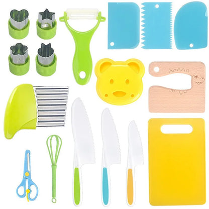 Juego de cortadores de cocina de plástico para niños, juguete de cocina seguro para niños, juego de cocina para niños pequeños, accesorios de juego, peladores y herramientas. 