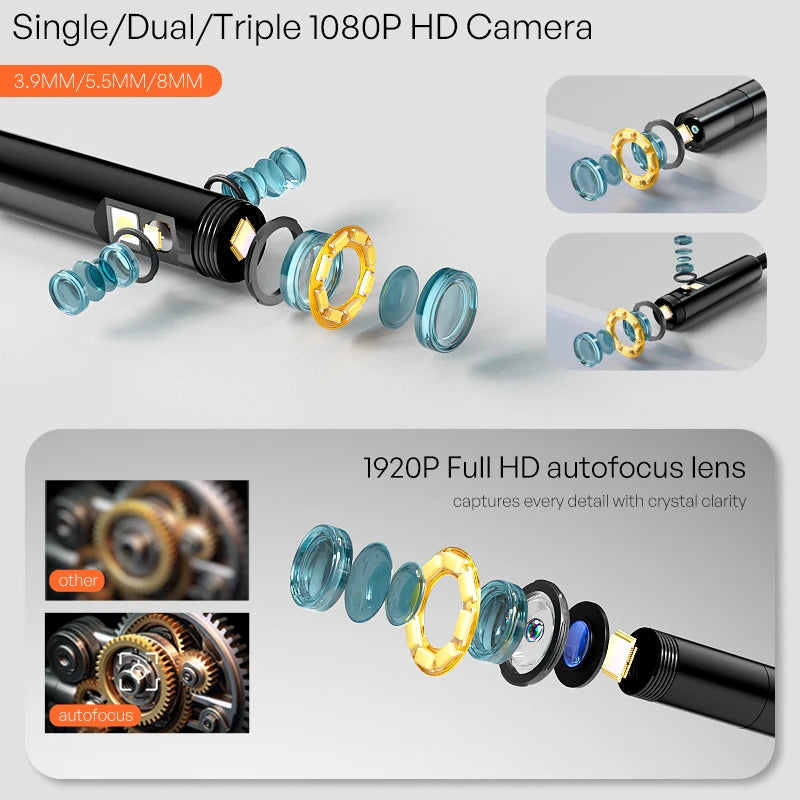 5'' IPS Screen Handheld Endoscope Car Inspection Borescope Video Camera Single Dual Triple Autofocus Lens USB Probe Waterproof