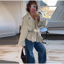 Casual Office Women's Bomber Jacket Chic Lace Up Lapel Collar Full Sleeve Female Coat Spring New Office Lady Outerwear Commuting