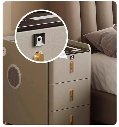 Nordic Style Intelligent Solid Wood Bedside Table Faux Leather 3 Drawers Nightstands with Wireless Charging Side Storage Cabinet