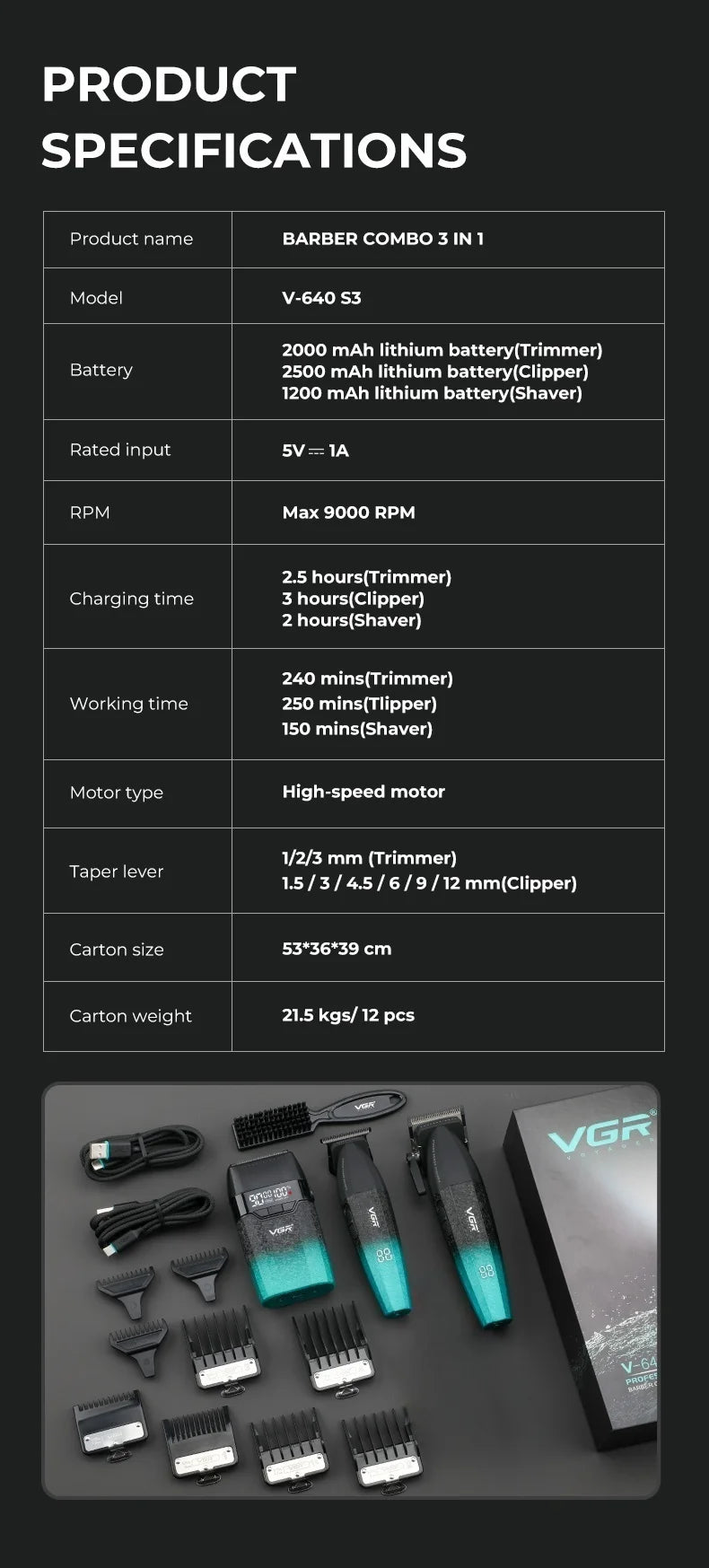 VGR Professional Hair Trimmer 9000 RPM Cordless Hair Clipper Rechargeable Hair Trimmer Metal Trim
