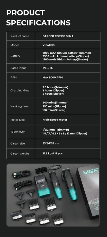 VGR Aparador de Pelos Profissional 9000 RPM Máquina de Cortar Cabelo Sem Fio Máquina de Cortar Cabelo Recarregável Metal Aparado