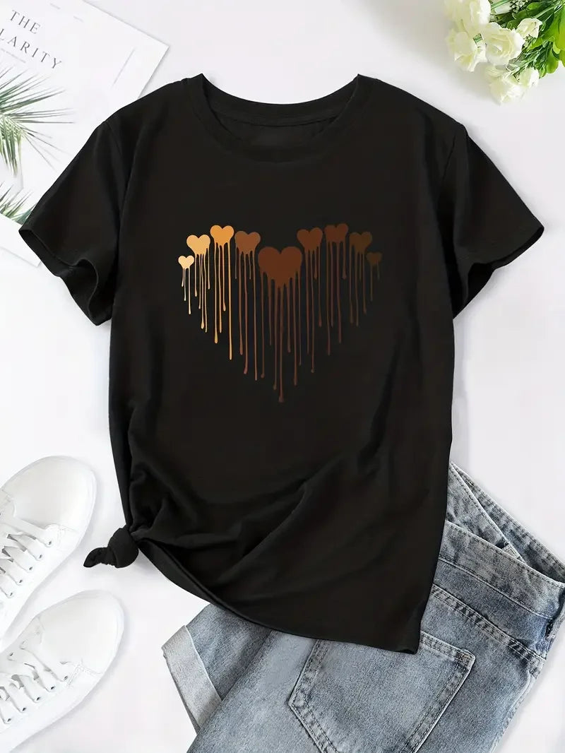 Camiseta gráfica feminina do coração do amor, tamanho positivo, casual