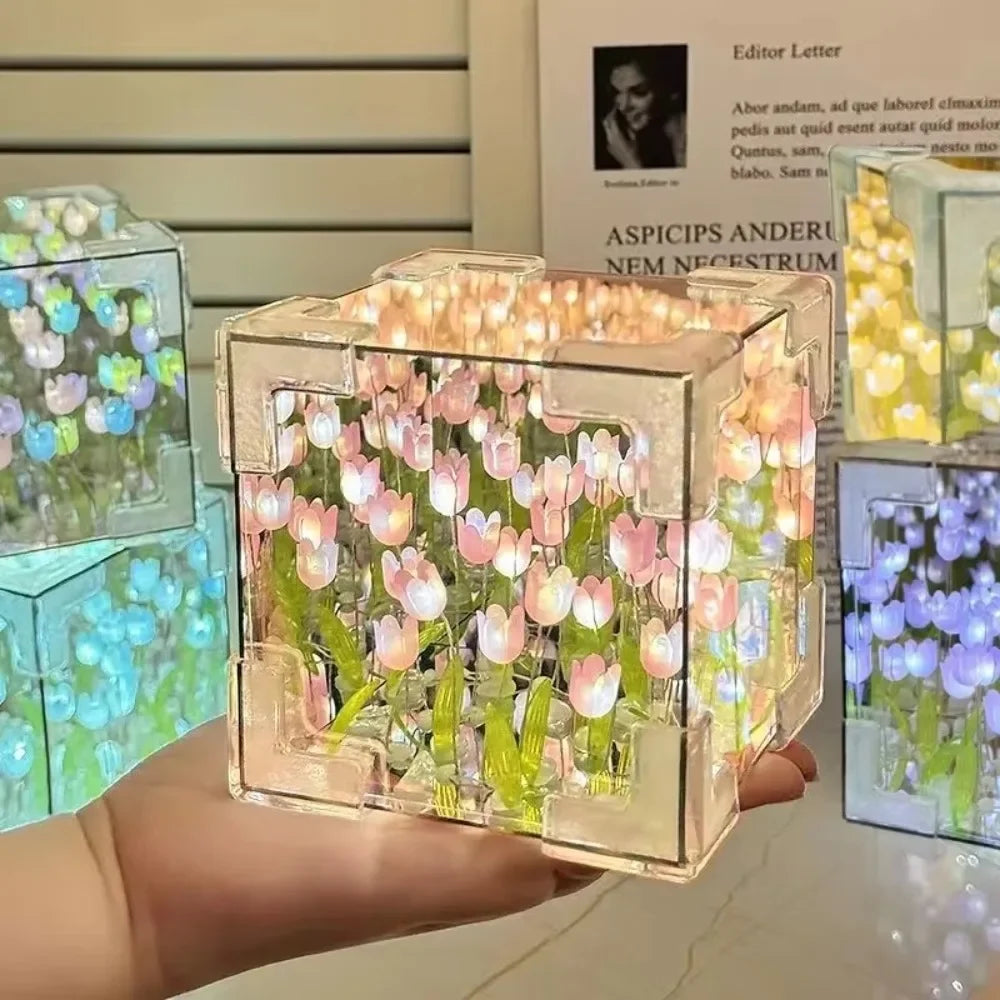 2025 DIY Tulip Sea Rubik's Cube Mirror Night Light Car Decoration Materials Handmade Birthday Gifts for Friends and Colleagues