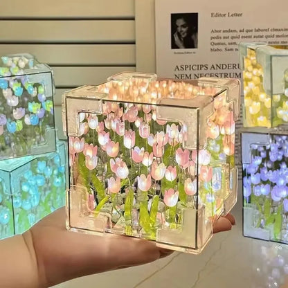2025 DIY Tulip Sea Rubik's Cube Mirror Night Light Car Decoration Materials Handmade Birthday Gifts for Friends and Colleagues