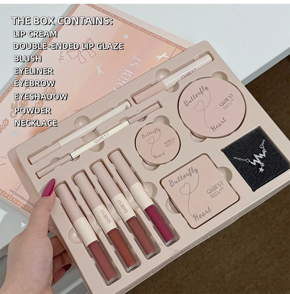 QIBEST Multipurpose Makeup Set 4pc Double Head Lip Glaze, Face Pressed Powder,Blusher,Eyeshadow, Eyebrow Pencil,Eyeliner,Lip Oil