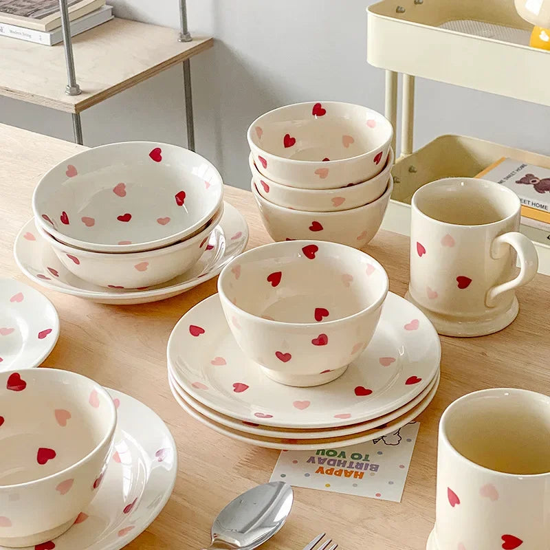 Heart-shaped Ceramic Dinnerware Set, Dinner Plate, Rice Salad Bowl, Coffee Mug, Japanese Love, Warm Gift for Valentine day