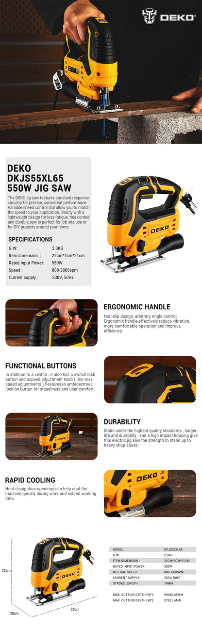 DEKO 220V DKJS55XL65 550W JIG SAW Woodworking Electric Tools Electric Saw With Guide Ruler Saw Blade Allen Wrench