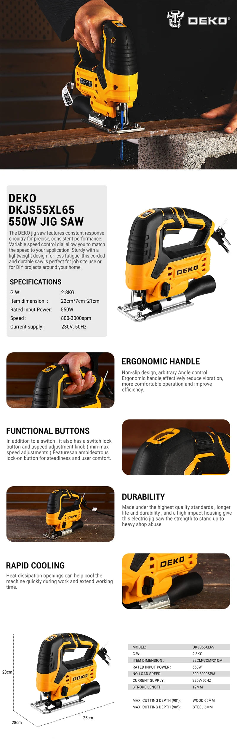 DEKO 220V DKJS55XL65 550W JIG SAW Woodworking Electric Tools Electric Saw With Guide Ruler Saw Blade Allen Wrench