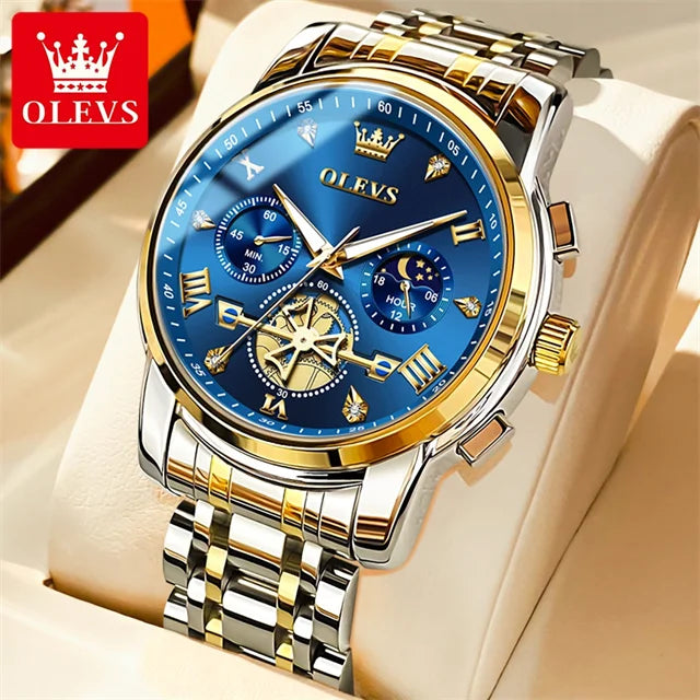 OLEVS 2856 New Men's Watches Luxury Classic Flywheel Design Waterproof Chronograph Moon Phase 24 Hour Quartz Wrist Watch for Men