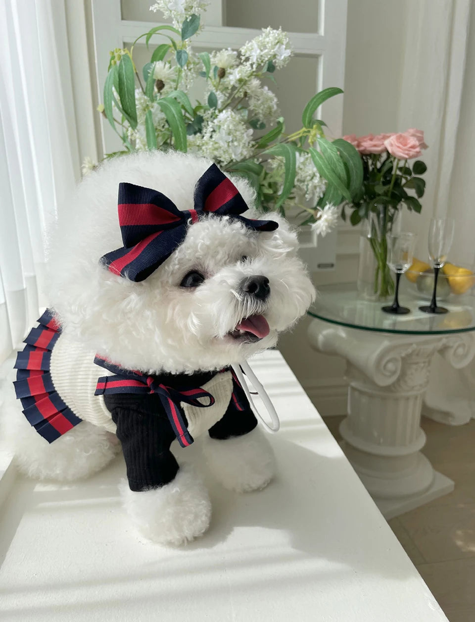 FATHIN Dog Princess Dresses Puppy Bow Knot Dress Luxury Pet Skirt Striped Dresses for Small Medium Cats