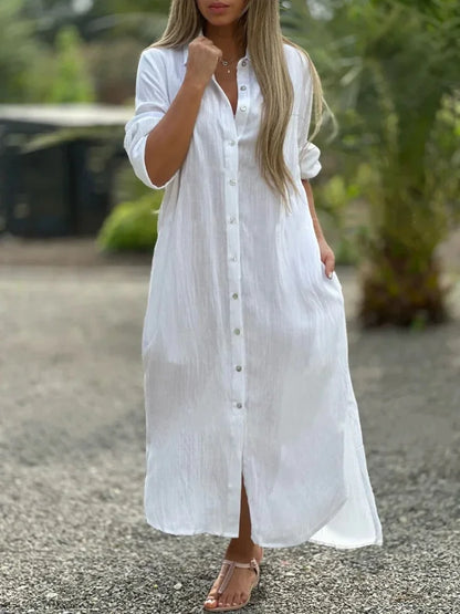 Vestido longo de algodão e cânhamo feminino, camisa elegante, manga longa casual, estilo praia, plus size, verão, novo