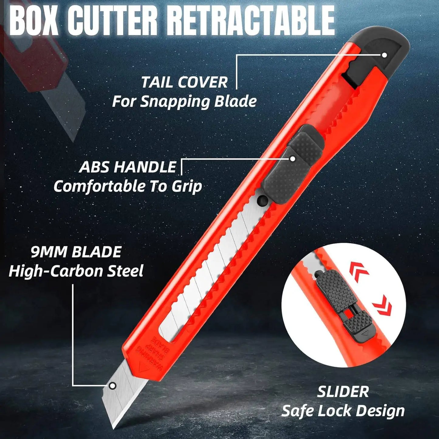 Cúter retráctil (paquete de 42, 30, 18 y 10 unidades), cuchilla multiusos de 9 mm con cuchilla desprendible y diseño de autobloqueo.
